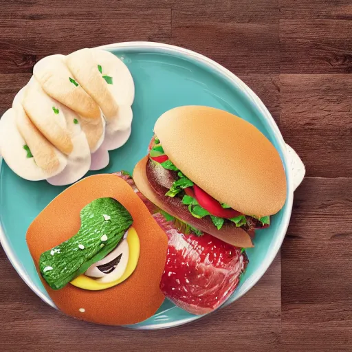 Image similar to an real life of crabby patty in table, real photo, photorealistic, food photography