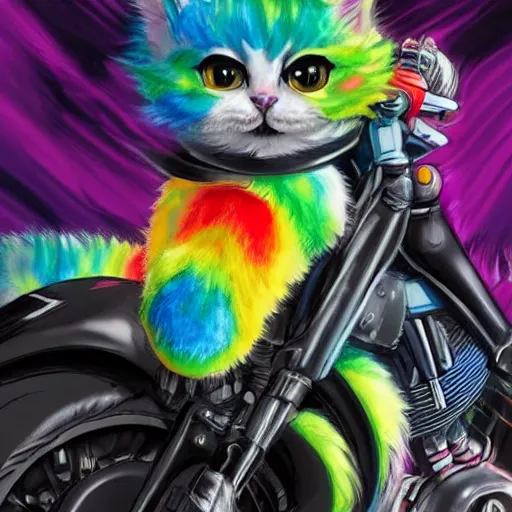 Image similar to wide angle full body, jacket wearing fluffy cute rainbow kitten wearing a black leather motorcycle jacket, riding on a motorcycle, cinematic concept art