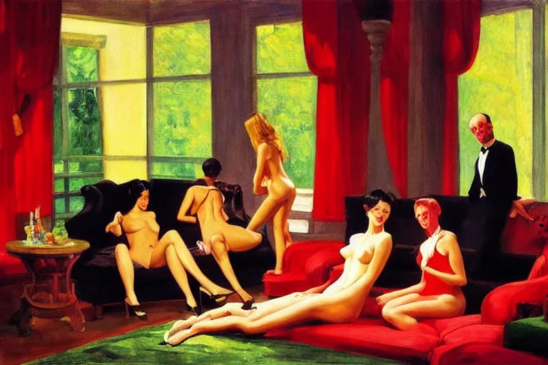 Prompt: party at the playboy mansion, painting by edward hopper and eric fischl and robert mcginnis