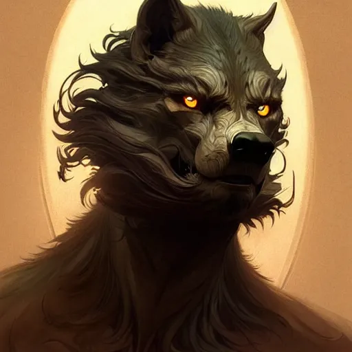 Image similar to a male werewolf, intricate, elegant, highly detailed, digital painting, artstation, concept art, smooth, sharp focus, illustration, thriller atmosphere, art by artgerm and greg rutkowski and alphonse mucha