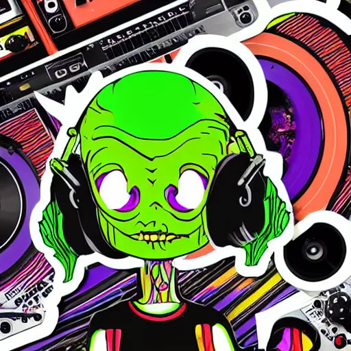 Image similar to svg sticker of a Pop-Wonder Alien-Bog-Monster-Swamp-Rat-Thunder-Coot-Racing-Fan at a rave, spinning records, giant headphones rocking out, wearing headphones, huge speakers, dancing, rave, DJ, spinning records, digital art, amazing composition, rule-of-thirds, award-winning, trending on artstation, featured on deviantart