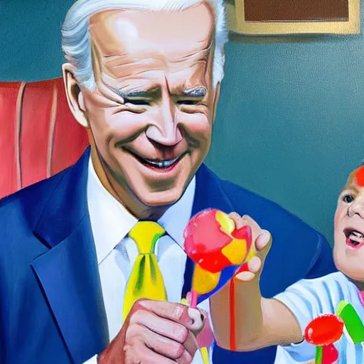 Image similar to a painting of joe biden stealing a lolly from a child