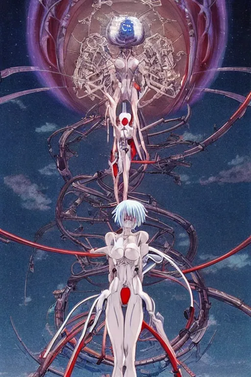 Image similar to female anime character rei ayanami cyborg in the center giygas epcotinside a space station eye of providence beksinski finnian vivid hr giger to eye hellscape mind character environmental