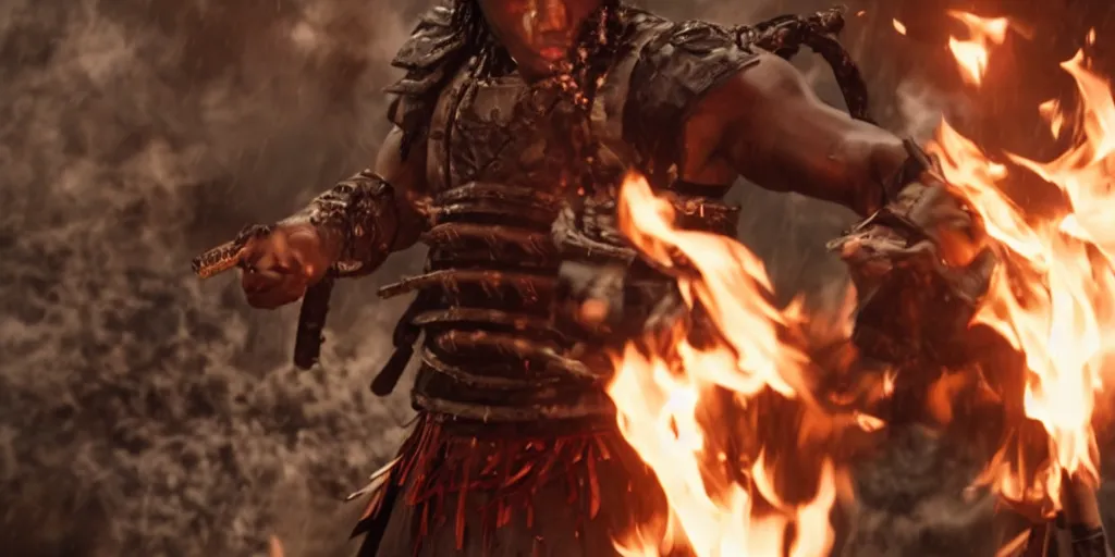 Image similar to a film still of a black man starring in a japanese blockbuster film as ancient evil samurai with fire powers, shallow depth of field, cinematic, award winning cgi, vfx, film still