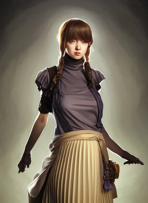 Image similar to portrait of a full body of beautiful young female detective, d & d, sleeveless turtleneck, pleated skirt, fantasy, flat lighting, intricate, highly detailed, digital painting, artstation, concept art, smooth, sharp focus, illustration, misa amane, art by simon bisley and greg rutkowski and alphonse mucha, natural tpose