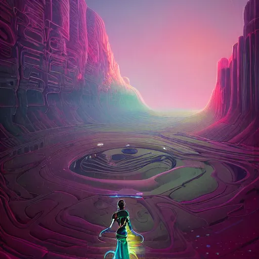 Prompt: a fantastic hyperdetailed 3 d matte painting of a female - cybernetic sorceress under the arctic moonlight, by moebius by beeple by vanessa lemen by paul lehr by dan mumford