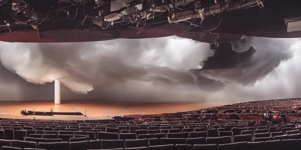 Image similar to a photograph of a tornado on a theater stage