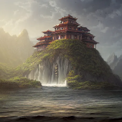 Prompt: beautiful matte painting of floating fort, mai anh tran,