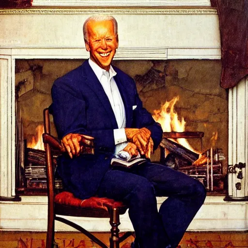 Image similar to a portrait painting by Norman Rockwell of Joe Biden sitting in a chair. Cozy fire. hands on arm rests. Legs apart