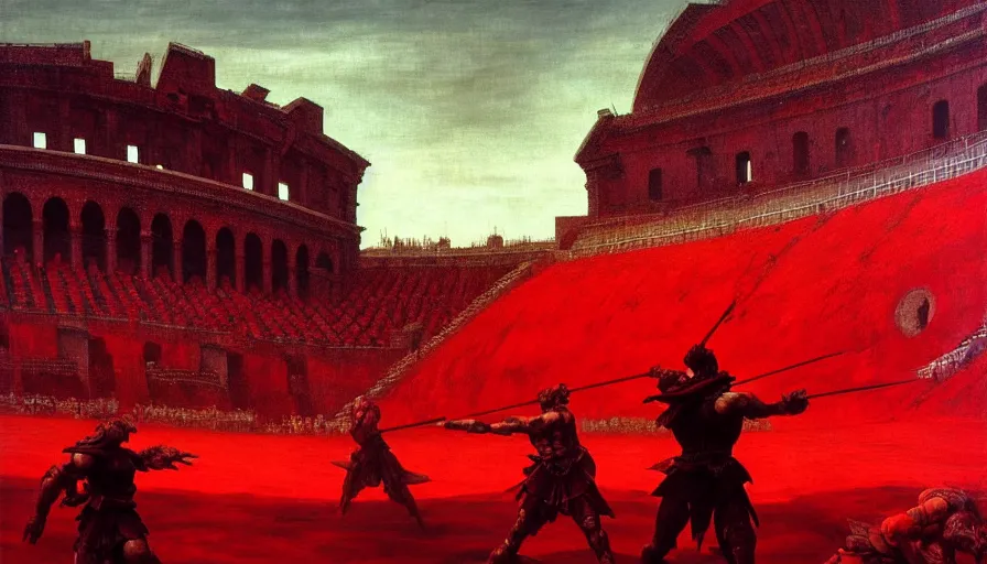 Image similar to only with red, a lightly armored gladiator in a crowded roman amphitheatre, crowd cheering, in the style of beksinski and edward hopper and rodcenko and yue minjun and artgerm, intricate and epic composition, red by caravaggio, highly detailed, masterpiece, red light, artstation