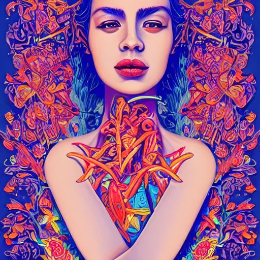 Image similar to the portrait of a beautiful and elegant young hispanic woman made up of peppers, an ultrafine detailed illustration by james jean, intricate linework, bright colors, final fantasy, behance contest winner, vanitas, angular, altermodern, unreal engine 5 highly rendered, global illumination, radiant light, detailed and intricate environment