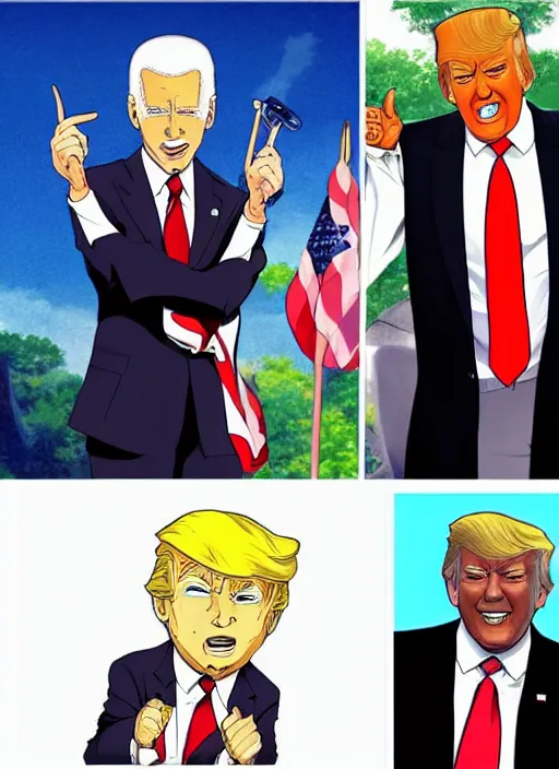 Prompt: : obama trump and biden as anime character design