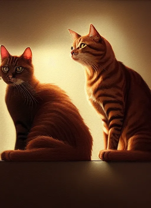 Prompt: two cat in cats city, portrait of a ginger cat and a gray cat, atmospheric lighting, painted, menacing, intricate, volumetric lighting, beautiful, rich deep colours masterpiece, golden hour, sharp focus, ultra detailed, by leesha hannigan, ross tran, thierry doizon, kai carpenter, ignacio fernandez rios