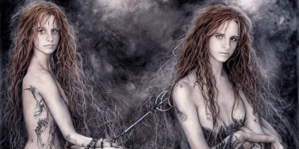 Prompt: dressed Hermione in tattoos conjuring with a magic wand, by luis royo, beautiful gown, beautiful eyes, Beautiful face, by Aggi Erguna, high detail, high resolution, art from harry potter