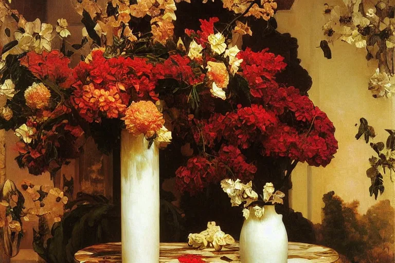 Prompt: vase of melting flowers, surreal oil painting, luminous, highly detailed, dream like, made by frederic leighton, caroline shaw