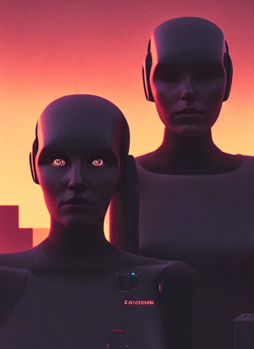 Image similar to cinestill 5 0 d photographic portrait of two loving female androids wearing rugged black techwear on a desolate plain with a brutalist monument and a red sky, extreme closeup, cyberpunk style, dust storm, 8 k, hd, high resolution, 3 5 mm, f / 3 2, ultra realistic faces, ex machina