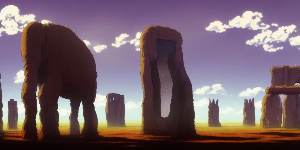 Image similar to a realistic cell - shaded studio ghibli concept art from paprika ( 2 0 0 6 ) of a giant mammoth and a grey warrior in a flooded monument valley stonehenge on a misty starry night. very dull colors, wide shot, hd, 4 k, hq