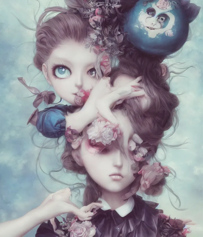 Image similar to anime 3 d art, wlop art, realistic marie antoinette girl painting, japanese street fashion, hyper realism, muted colours, rococo, natalie shau, anime, tom bagshaw, mark ryden, trevor brown style