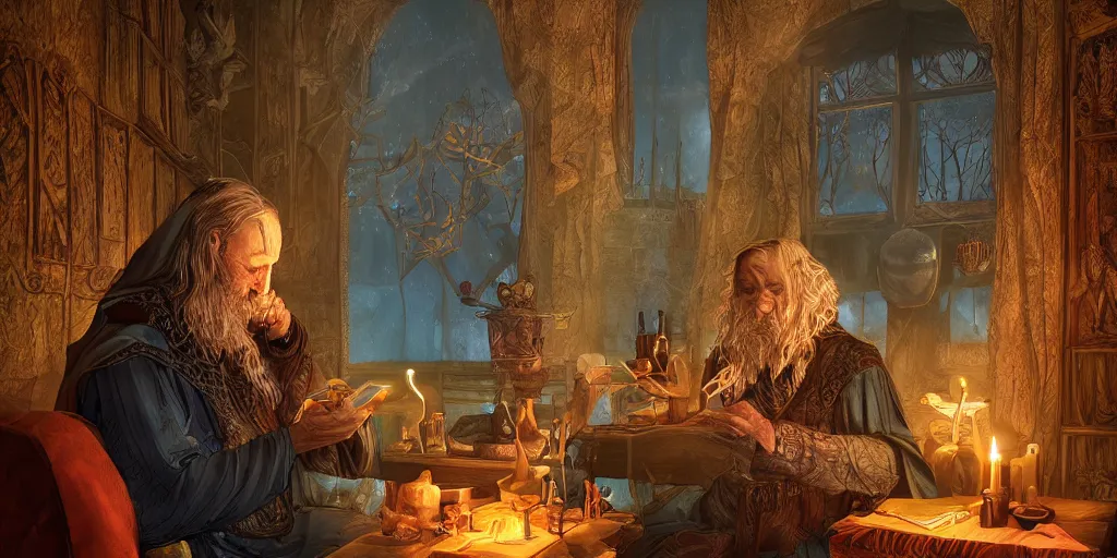 Prompt: wizard doing a tarot reading, cards, fantasy, digital art, soft lighting, 8 k, highly detailed