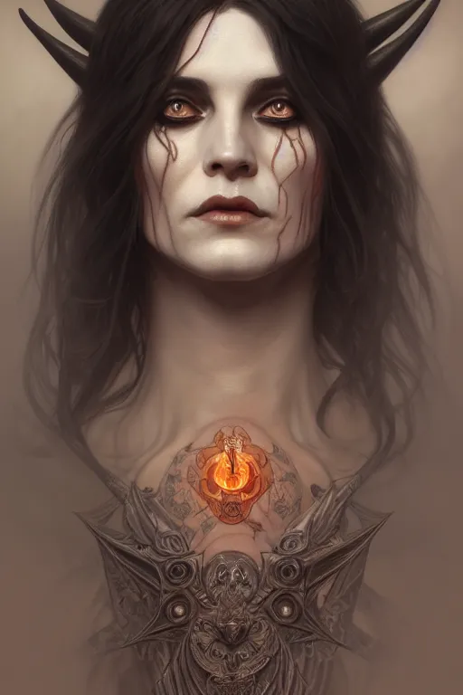 Image similar to portrait of a satanic witch, tattooed face, upper body, decorated, intricate, elegant, highly detailed, digital painting, artstation, concept art, smooth, sharp focus, illustration, art by artgerm and greg rutkowski and alphonse mucha, 8 k