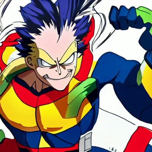 Image similar to all might from my hero academia anime holding a frog