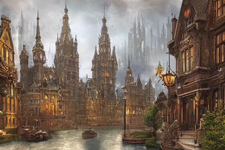 Image similar to a magnificent fantasy city. victorian-style. photorealism.