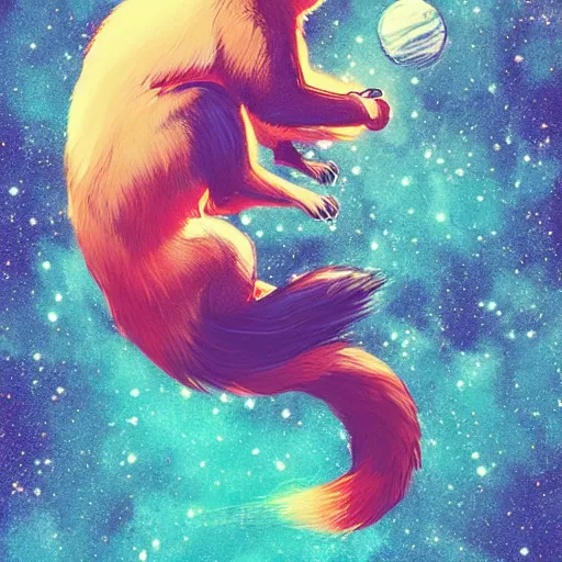 Prompt: giant pine marten in space holding a planet, digital art, trending on artstation, highly detailed, by Conrad Roset