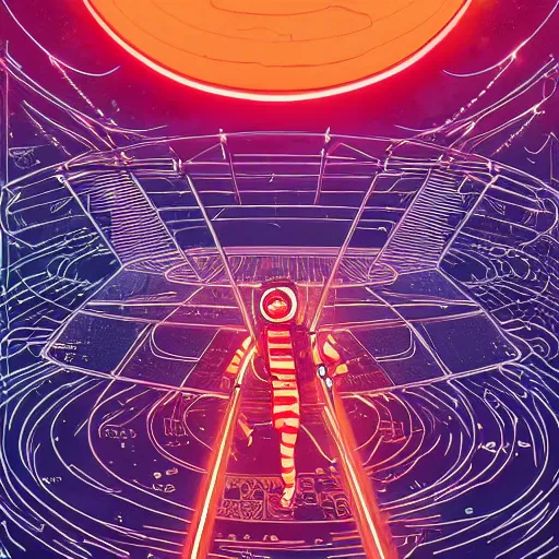 Image similar to !dream Stunningly intricate illustration of a scared astronaut explorer running in Mars trough 3 columns of white neon light of infinite height, highly detailed, midnight, by Victo Ngai and James Gilleard , Moebius, Laurie Greasley