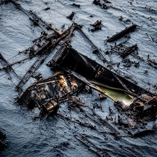 Image similar to airborne view, crashed cargo ship leaking mysterious black gooey liquid, mysterious black slime, black gooey liquid leaking out of crashed cargo ship, apocalyptic, ruined, container ship, crashed, 8 5 mm f / 1. 4