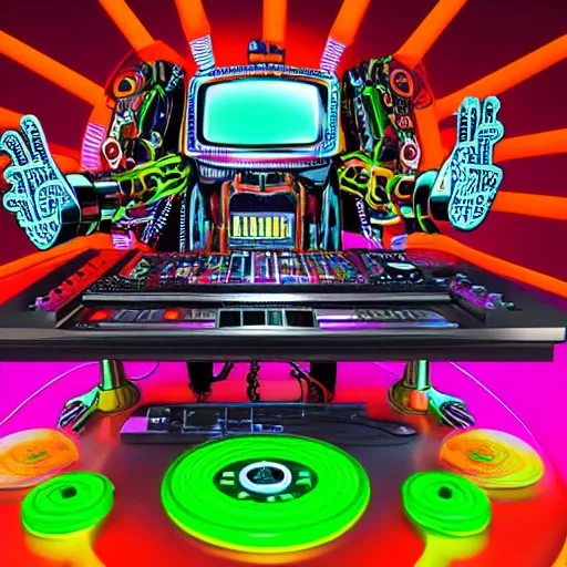Image similar to album art for a dj, the album is called : dj roborock, big letters dj roborock, 3 steampunk robot heads with robot arms on a dj desk with a cd mixer, 8 k, fluorescent colors, halluzinogenic, multicolored, exaggerated detailed, front shot, 3 d render, octane