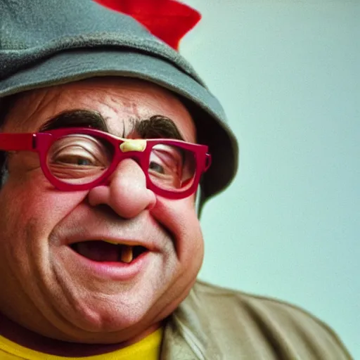 Prompt: closeup Danny DeVito dressed as kirby, round pink character, by Steve McCurry and David Lazar, natural light, detailed face, CANON Eos C300, ƒ1.8, 35mm, 8K, medium-format print