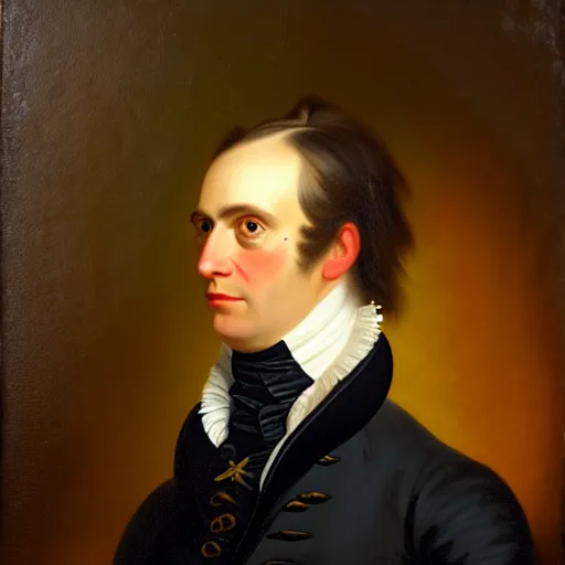 Image similar to head and shoulders portrait painting of a white crocodile wearing a colonial outfit looking off camera, a character portrait, american romanticism, oil on canvas, diffused lighting