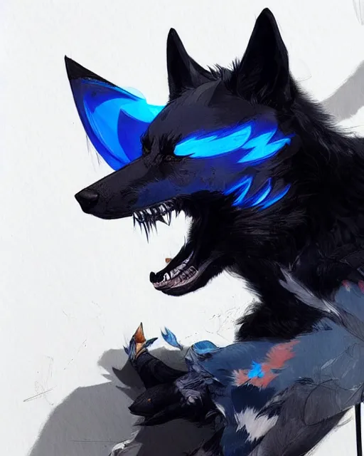 Image similar to concept art of a black wolf with blue neon wings, highly detailed painting by dustin nguyen, akihiko yoshida, greg tocchini, 4 k, trending on artstation, 8 k