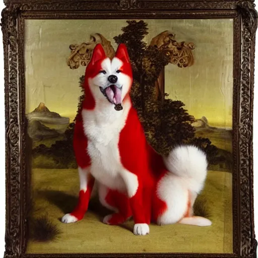 Prompt: potrait of red akita inu dog dressed as a queen in an ornate dress, renaissance painting