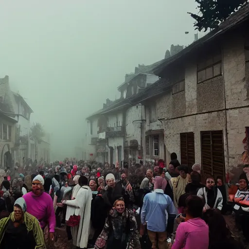 Image similar to a village full of happy people dancing in the streets but in the background is an eerie fog, eerie, foggy, solemn, hd, 4 k