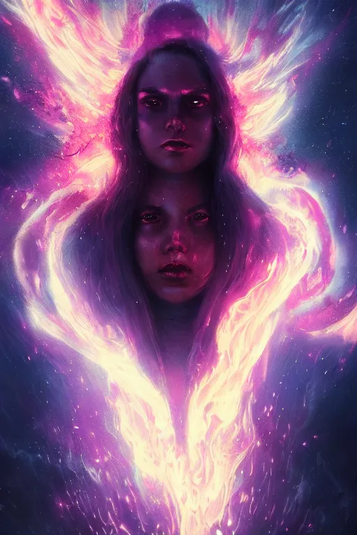 Image similar to a beautiful portrait of a young cosmic Demon women covered in deep purple flames with an intense look on her face by Greg Rutkowski, Sung Choi, Mitchell Mohrhauser, Maciej Kuciara, Johnson Ting, Maxim Verehin, Peter Konig, Bloodborne , 8k photorealistic, cinematic lighting, HD, high details, atmospheric , trending on artstation