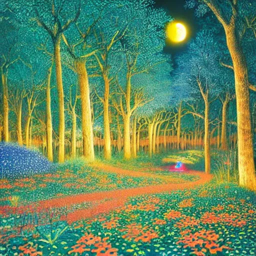 Prompt: an enchanted forest at night by Hiroo Isono