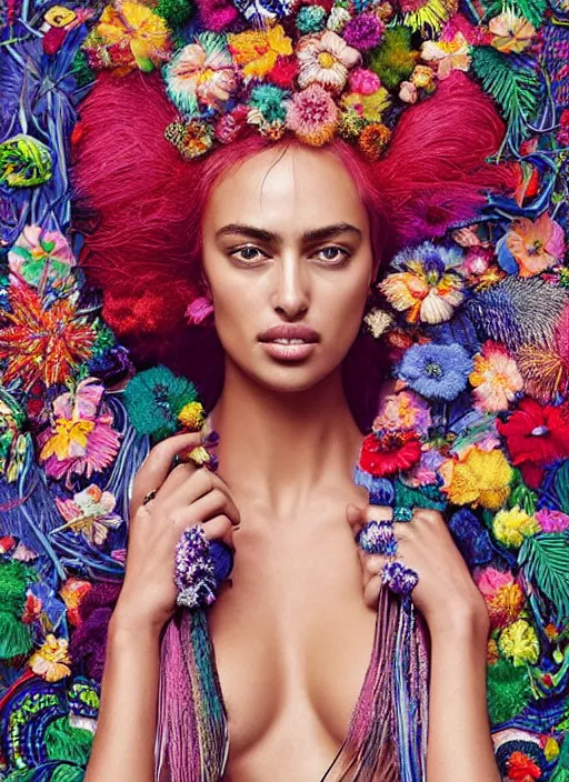 Image similar to beautiful portrait of Irina Shayk wearing fantastic Hand-dyed cotton dress, embellished beaded feather decorative fringe knots ,colorful pigtail,subtropical flowers and plants,symmetrical face,intricate,elegant, highly detailed, 8k,post-processing,digital painting, trending on pinterest, GUCCI,PRADA,concept art, sharp focus, illustration, by artgerm,Tom Bagshaw,Lawrence Alma-Tadema,greg rutkowski,alphonse Mucha