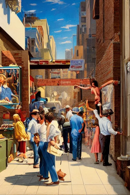 Image similar to a group of people trading art in a city alley, an ultrafine detailed painting by john philip falter, shutterstock, american scene painting, movie still, concert poster, poster art