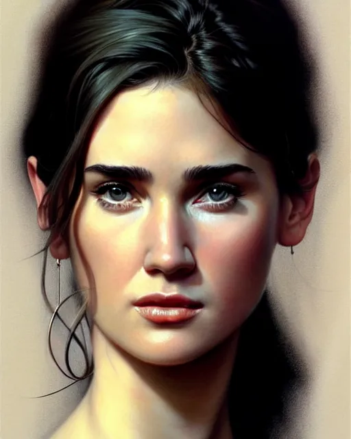 Image similar to an artistic pose, composition, young jennifer connelly, realistic shaded, fine details, realistic shaded lighting poster by ilya kuvshinov, magali villeneuve, artgerm, jeremy lipkin and michael garmash and rob rey