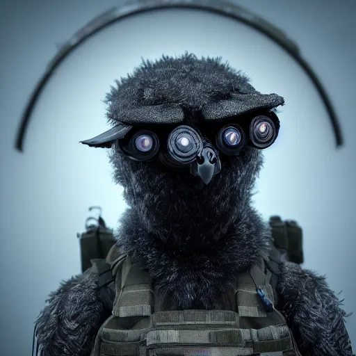 Image similar to mole wearing military gear, furry, glowing arcane eyes, very detailed black feathers, ultra detailed, cgi, photorealistic, unreal engine 5, nft portrait, 3 d, digital art, 8 k, octane render, trending on art station,