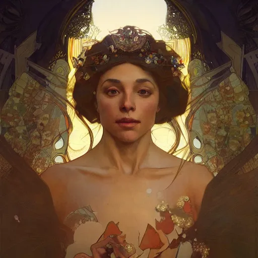 Prompt: a Portrait of A queen whose body is transparent and whose body radiates holy light by greg rutkowski and alphonse mucha,In style of illustration.digital art,hyper detailed,smooth, sharp focus,trending on artstation,4k