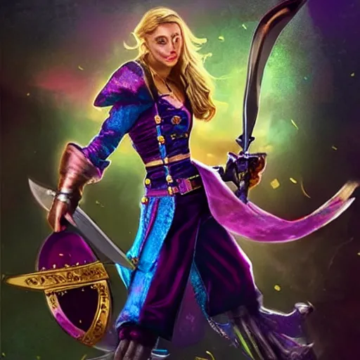 Image similar to a swashbuckling pirate with iridescent!!!! skin!!!!!, she is holding melee weapons