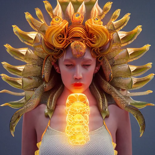 Image similar to Full body photo of the most beautiful goddess, she has a jellyfish phoenix head's, by Tooth Wu, trending on Artstation, digital art, symmetrical artwork, cinematic, hyper realism, high detail, octane render, 4k, 8k