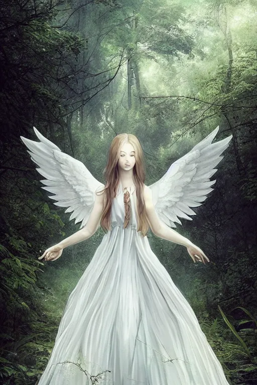 Prompt: a beautiful angel in white dress in a forest, inspired by thomas eakes & greg rutkowski & xiang duan, perfect symmetry, magic realism, post - processing, extremely hyper - detailed, intricate, soft - lighting, lifelike attributes, masterpiece, pastel'