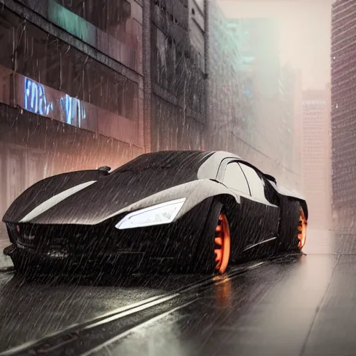 Image similar to a picture of a car in the rain, cyberpunk art by fyodor vasilyev, zbrush central contest winner, cubo - futurism, synthwave, darksynth, retrowave