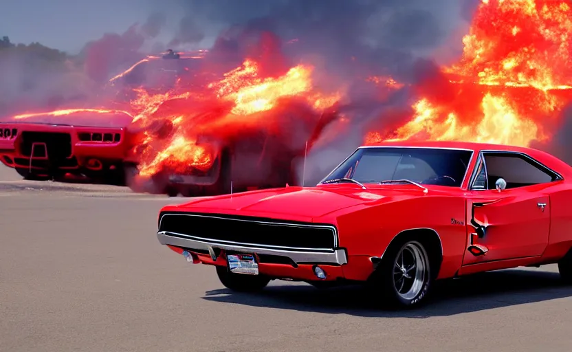 Image similar to a red 1 9 6 8 dodge charger r / tdriving high speed, fire explosion in the background, action scen. realistic. high resolution. dramatic