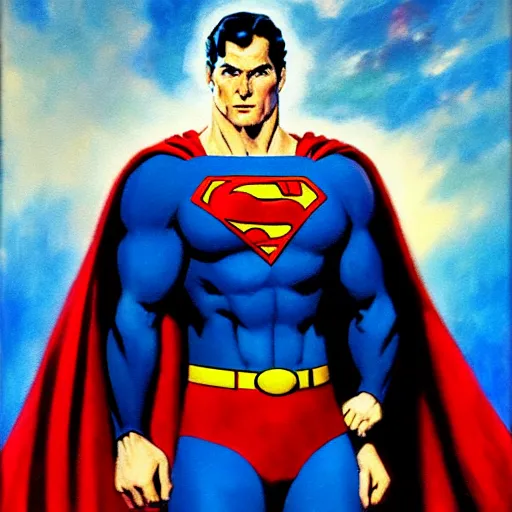 Image similar to an ultra - realistic portrait painting of superman in the style of frank frazetta. 4 k. ultra - realistic. highly detailed. dark fantasy. epic lighting.