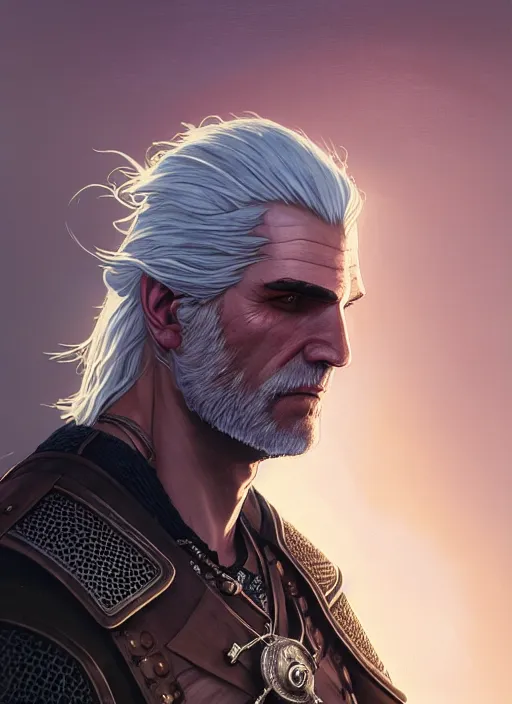 Image similar to Highly detailed portrait of Geralt of Rivia, Stephen Bliss, unreal engine, fantasy art by Greg Rutkowski, Loish, Rhads, ferdinand knab, Makoto Shinkai and Lois van baarle, ilya kuvshinov, rossdraws, Tom Bagshaw, alphonse mucha, global illumination, radiant light, detailed and intricate environment