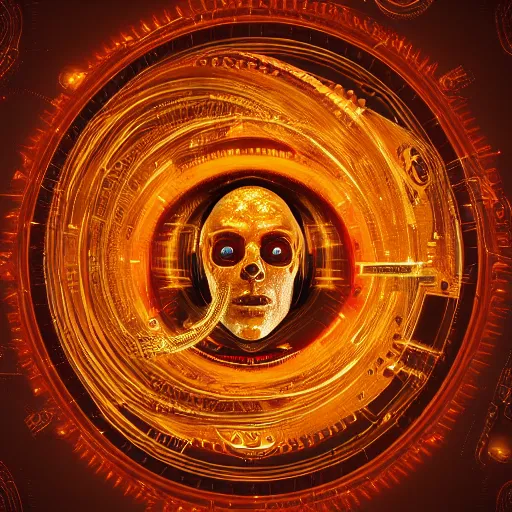 Prompt: cosmic deity with cyclops stargate eye and circuit board structure skull, intricate detail, royo, whealan, giger, hd, 8 k, octane render, unreal engine,